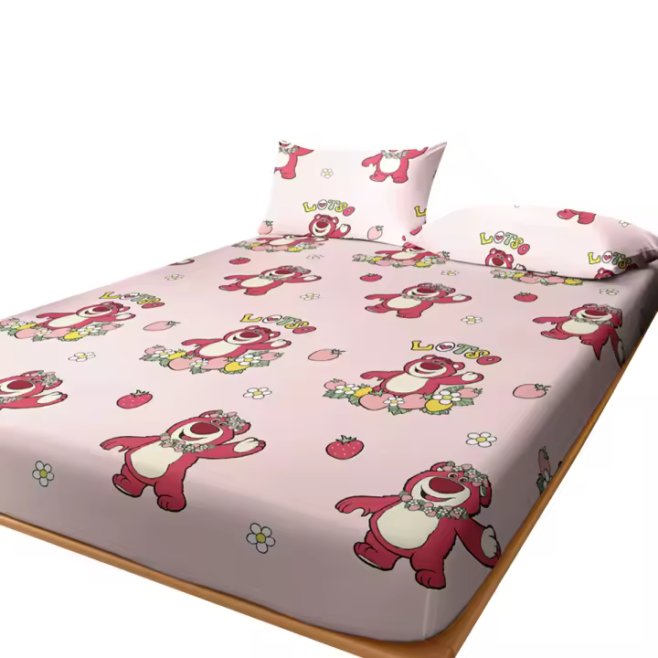 Sábana Ajustada De Poliéster 100% Con Patrón De Oso De Fresa Cartoon Impreso Digitalizado Para Dormitorio Sin Funda De Almohada - 1