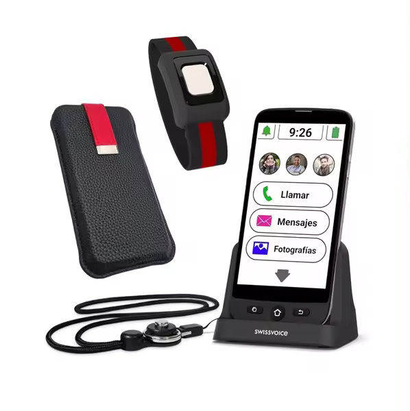 Smartphone Swissvoice S510-C, fácil de usar para personas mayores activas, con base de carga, pulsera SOS, funda protectora. - 1