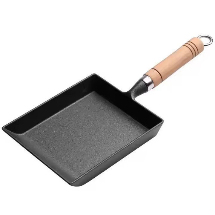Sartén Mini Tamagoyaki de Hierro Fundido - Sartén para Tortilla Japonesa Cuadrada Sin Recubrimiento, Antiadherente, Sartén - con Tapa de Madera - 1