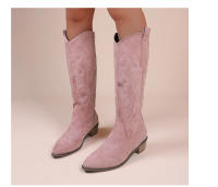 Botas De Vaquero Bordadas Para Mujer Con Punta Puntiaguda Y Tacón Grueso Botas Largas De PU Cuero Falso Botas De Rodilla Alta Para Otoño - details 4