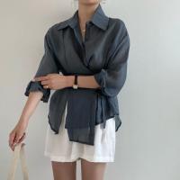 Camisa Casual Para Mujer Suelta Con Cinturón Y Cuello En V Vintage De Manga Larga Transpirable Para Oficina Y Uso Diario - details 13