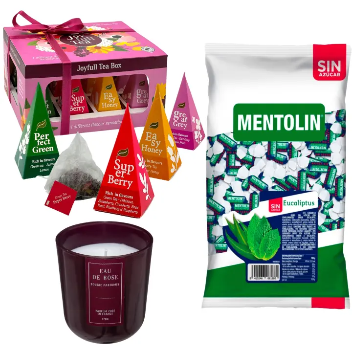 Pack bienestar: MENTOLIN EUCALIPTUS S/A BOLSA 1KG + Vela perfumada en vidrio rosa de silicona 170 g + Caja de Té Joyfull con variedad de sabores - 1
