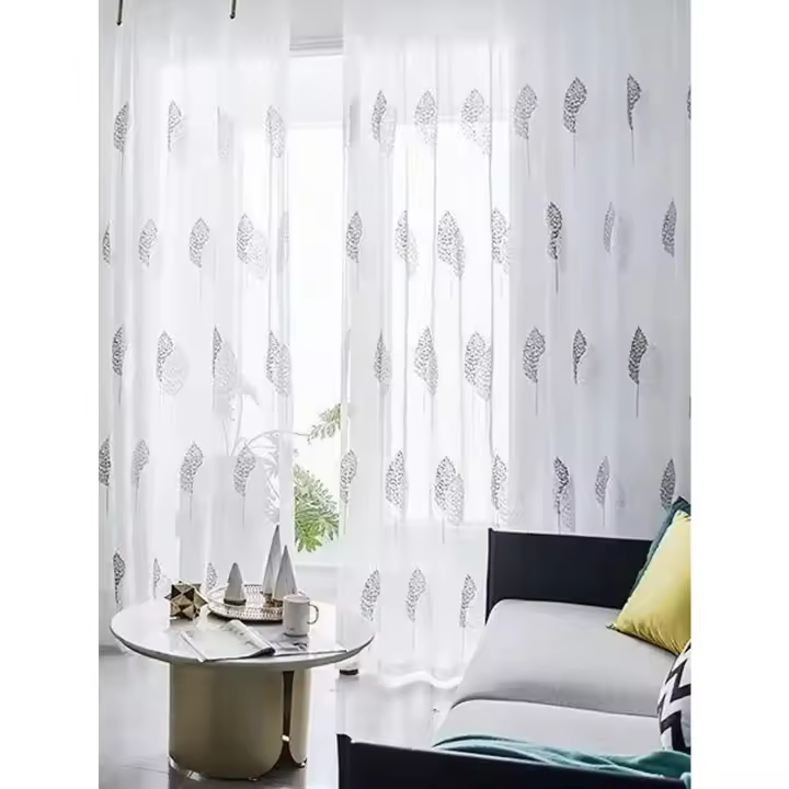 Cortina De Ventana De Tela 100% Poliéster Estilo Nórdico Sencillo Y Moderno Con Bordado Pequeño Árbol Diseño Fresco Hasta El Piso - 1