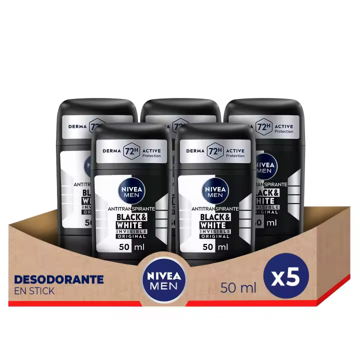 NIVEA MEN Pack ahorro - Desodorante en Stick Black & White Invisible Hombre 50ml x 5 unidades - Protección Antitranspirante 72h - 1