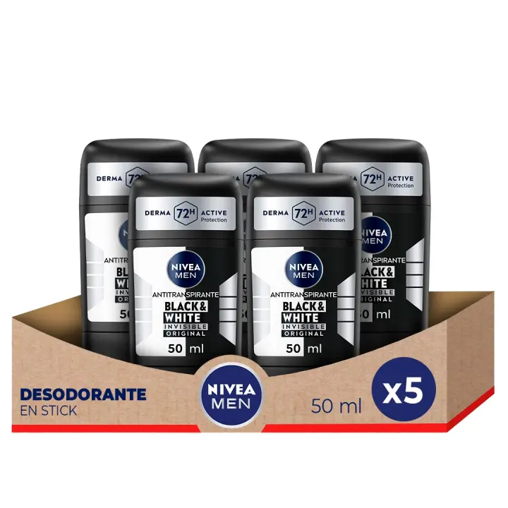NIVEA MEN Pack ahorro - Desodorante en Stick Black & White Invisible Hombre 50ml x 5 unidades - Protección Antitranspirante 72h - 1