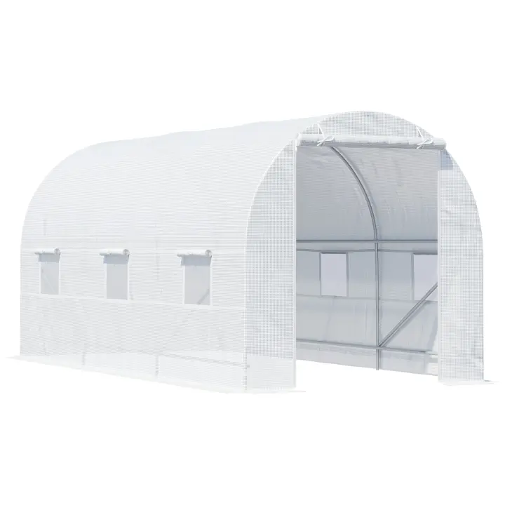 Outsunny Invernadero de Túnel Invernadero de Jardín con Puerta Enrollable y 6 Ventanas Cubierta PE 140 g/m² Anti-UV Marco de Metal para Cultivo Plantas Verduras Blanco - 1