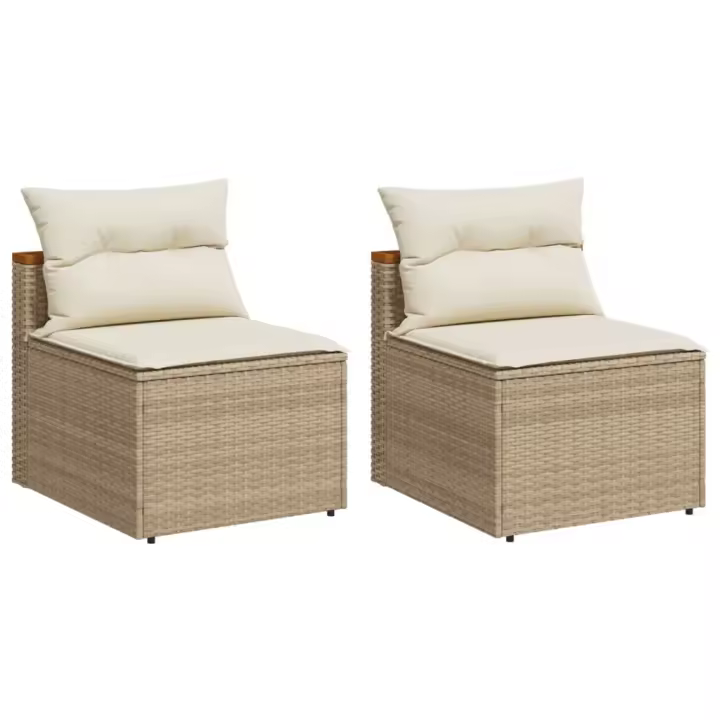 vidaXL Sofá de jardín sin reposabrazos 2 uds y cojines ratán PE beige - 1