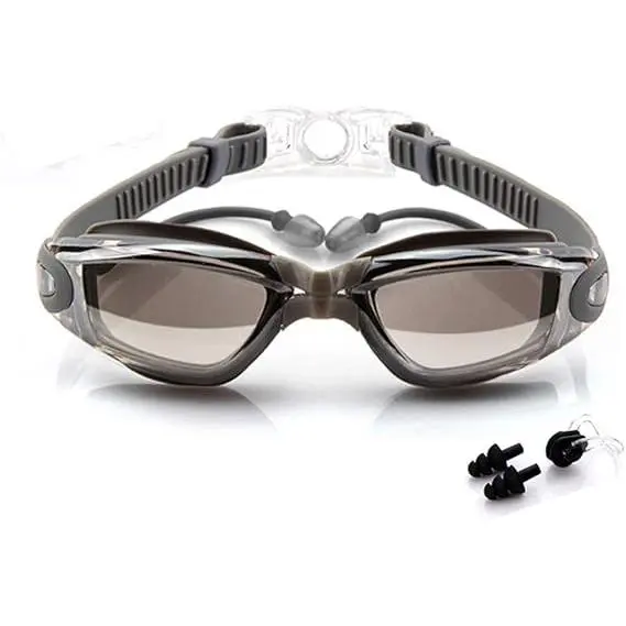Gafas de Natation para adultos y niños mayores de 8 años: antifugas, antivaho y Protección UV. Incluye estuche, Pinza nasal y tapones para los oidos. Plateadas. - 1