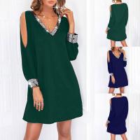 Vestido De Mujer Para Fiesta Noche V-Neck Con Lentejuelas Y Hombros Fríos Vestido Casual De Color Sólido Largo De Rodilla - details 0