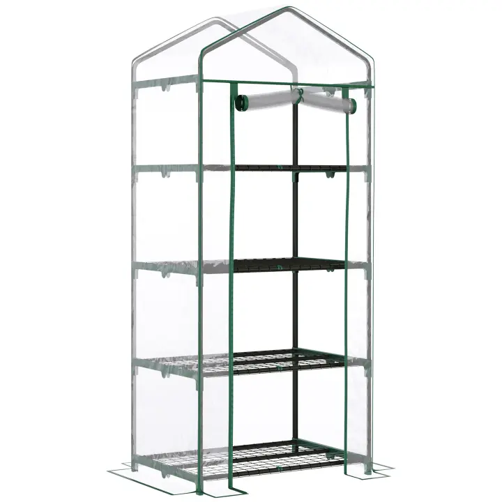 Outsunny Invernadero de Jardín con 4 Estantes Metálicos y Puerta Enrollable Vivero Casero de Terraza Exterior para Cultivo Plantas Flores Macetas 70x50x160 cm Transparente - 1