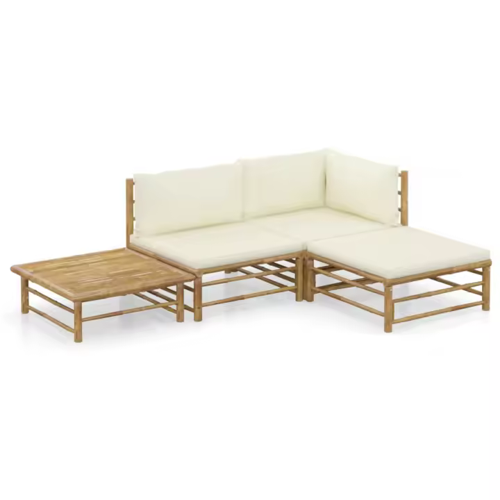 vidaXL Set de muebles de jardín 4 piezas bambú y cojines blanco crema - 1