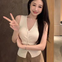 Chaqueta De Punto Sin Mangas Para Mujer Estilo Coreano Color Sólido Verano Moda Chic V-cuello Corte Fino Camisola - details 9