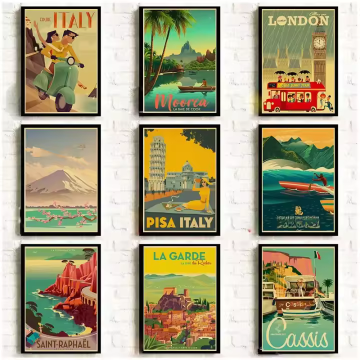 Pintura Vintage Art Detallada Vistas De Nueva York Londres Italia TAHITI Posters Retro Viajes Ciudades Paisaje Arte Pared Imagen - 1