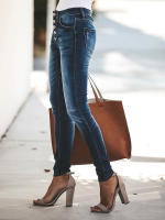 Nuevas Jeans Stretchy Para Niñas Cintura Alta Vintage Azul Mecánica Recta Casual Pantalones De Calle Con Botones Y Bolsillos - details 9