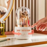 Organizador de maquillaje, soporte para brochas de maquillaje, giratorio 360 grados, con tapa a prueba de polvo, organizador de cosméticos giratorio de acrílico, almacenamiento para lápiz labial - details 0