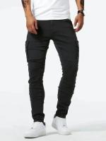 Pantalones De Mezclilla Ajustados Para Hombre Estilo Calleje Con Múltiples Bolsillos Y Cierre De Cremallera Jeans De Color Sólido Casual Para Uso Diario - details 8