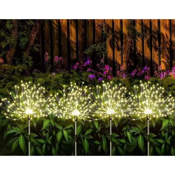 Juego de 4 luces solares para exterior - 120 LED 5W IP67 - ajuste de brillo (4 faroles de fuego) (color cálido) - 1