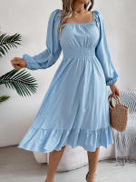 Vestido A-Line De Mujer Elegante Otoño Invierno Color Sólido Cuello Cuadrado Manga Larga Volantes Vestido Midi Casual Polyester Spandex - details 0