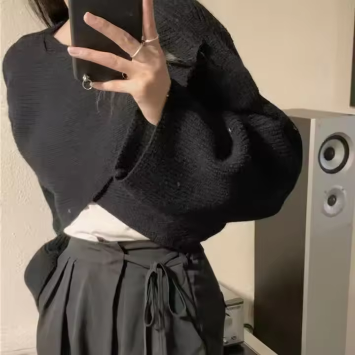 Suéter De Punto Corto De Invierno Para Mujer Estilo Callejero Y2K De Alta Estiramiento Manga Larga O-Neck Suéter Pulla - 1