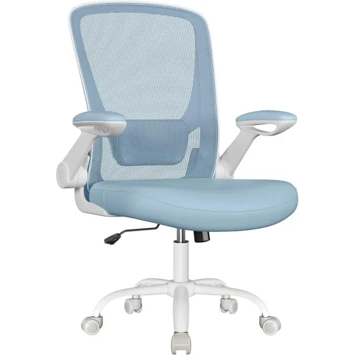 Silla de Oficina, Silla de Escritorio de Malla, Silla Giratoria Ergonómica, Soporte Lumbar, Oscilante, Asiento de 53 cm, Apoyabrazos Abatibles, Azul Niebla - 1