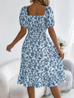 Vestido Elegante De Primavera Y Verano Para Mujer Con Estampado Floral Cuello Cuadrado Manga Corta Volante Al Borde Vestido A-Line De Rodilla Casual - details 7