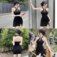 Vestido Sin Mangas Para Mujer Estilo Chino Con Espalda Descubierta Y Cuello Halter Largo Hasta La Rodilla Decoración Con Botones - details 3
