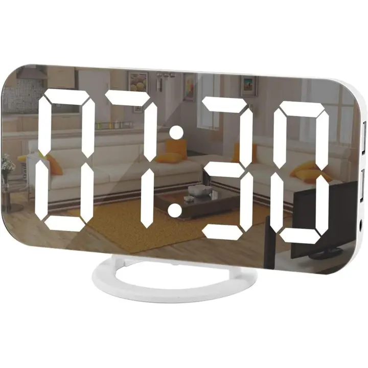 Reloj digital con pantalla grande, despertador eléctrico LED con superficie de espejo para maquillaje con modo de atenuación, 3 niveles de brillo (blanco) - 1