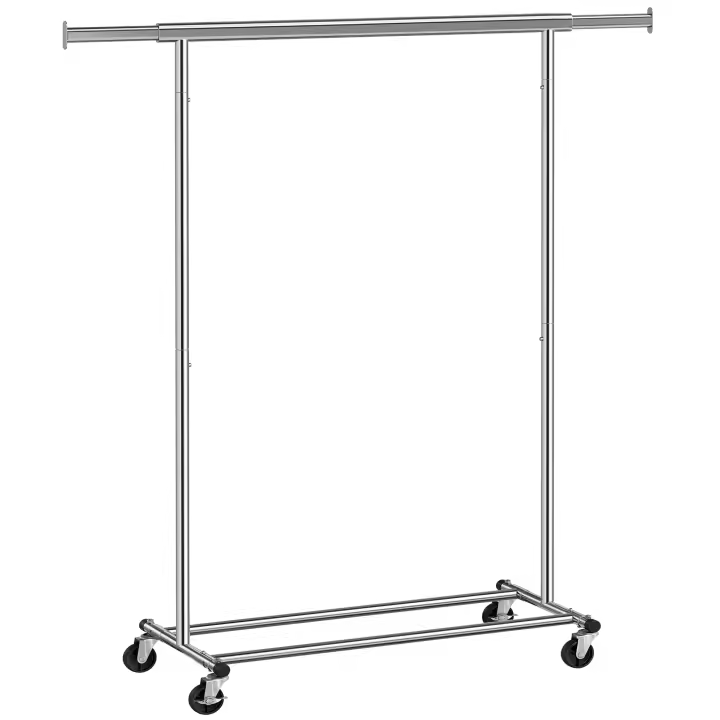 SONGMICS Burro Ropa con Ruedas, Perchero Burro Extensible con Carga Pesada, Capacidad de Carga Máx. de 90 kg, Fácil de Montar, Portátil, Blanco Clásico/Negro/Plata - 1