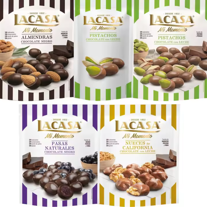 Lacasa Mi Momento pack de 5:Pistacho Leche 50G,Nueces Leche 115G,Pasas choco Negro 150G,Almendra choco Negro 125G,Pistacho Leche 100G - 1