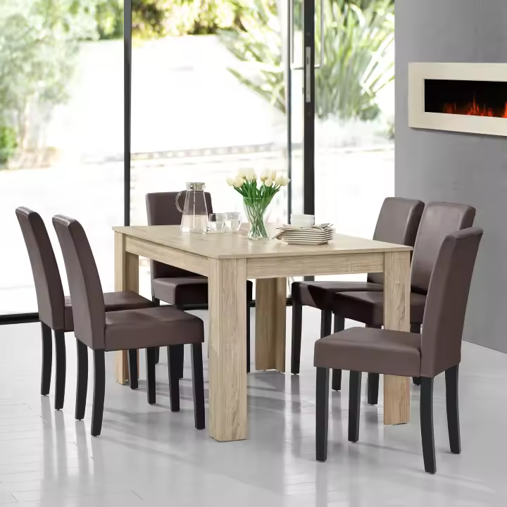 Mesa de comedor + 6 sillas Forssa MDF y polipiel 140x90x77cm - Roble claro + Marrón [en.casa] - 1