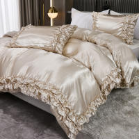 Set De Edredón Satinado 3PCS Colores Blanco Khaki Y Rosa Seda Suave Con Volantes Estilo Moderno Para Cama Conjunto De Ropa De Cama - details 25