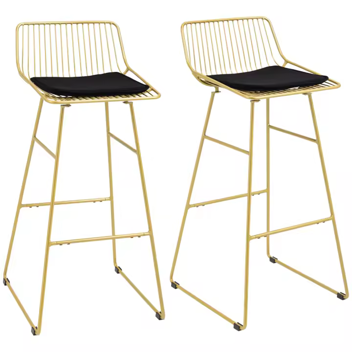 HOMCOM Conjunto de 2 Taburetes Altos de Cocina Sillas Altas de Cocina con Respaldo Cojín y Estructura de Acero Carga 120 kg para Bar Salón Comedor Dorado - 1