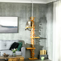 Pawhut Árbol para Gatos de Suelo a Techo de 202-242 cm Torre para Gatos con 3 Plataformas Postes Rascadores Altura Ajustable y Decoración de Hoja de Arce Naranja - details 1