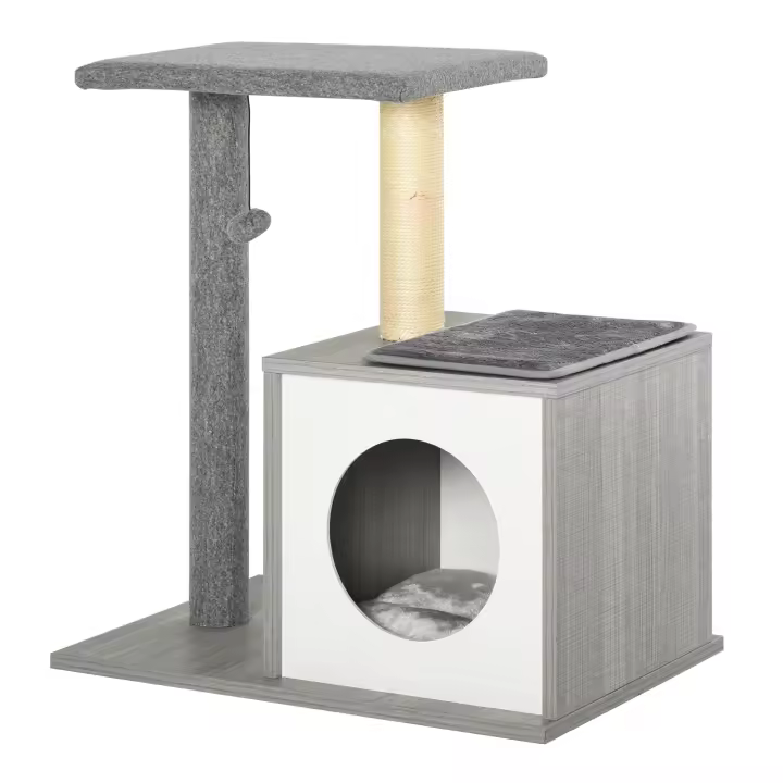 PawHut Árbol para Gatos 59x39x62 cm Rascador para Gatos de 3 Niveles con Plataformas Postes de Rascado Cueva de Madera Espaciosa Cojines Extraíbles Suaves Bola de Juguete Gris - 1