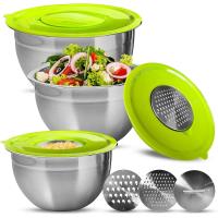 Set de 3 Boles de acero Multi-función con tapa hermética y tres Discos ralladores.  3 Tamaños   22/24/26 cm. 3 discos ( Corte plano / rallado/ juliana), 3 tapas con cierre hermético libres de BPA Selección Gourmet Tools de XSQUO Useful Tech. - details 1
