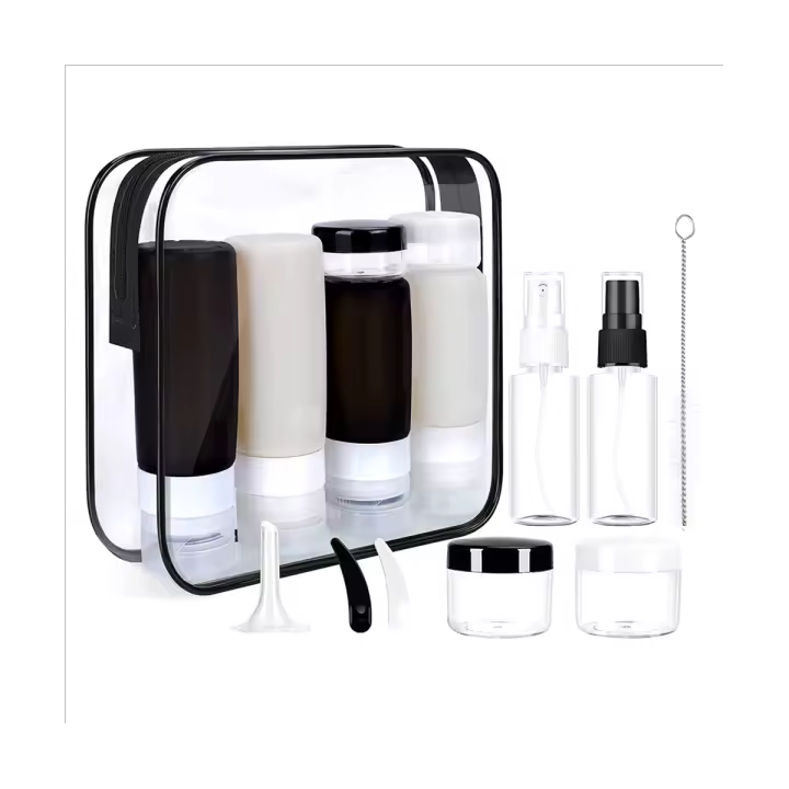 Juego de botellas de viaje para artículos de tocador, contenedores a prueba de fugas, accesorios de viaje, botellas de champú exprimibles, blanco y negro, 15 paquetes - 1