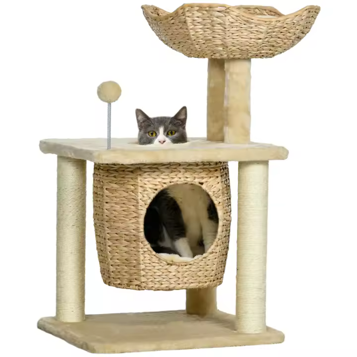 PawHut Rascador para gatos pequeño, árbol para gatos de 74 cm con cueva para gatos, pelota de juego, torre de escalada interior con cama, mueble rascador para gatos de hasta 5 kg, color beige - 1