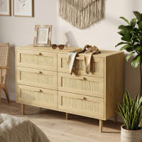 HOMCOM Cómoda 6 Cajones con Frontal de Ratán, Cómoda Dormitorio con Patas de Madera, Cajonera para Salón, Oficina, Estilo Bohemio, 110x40x75 cm, Roble - details 3