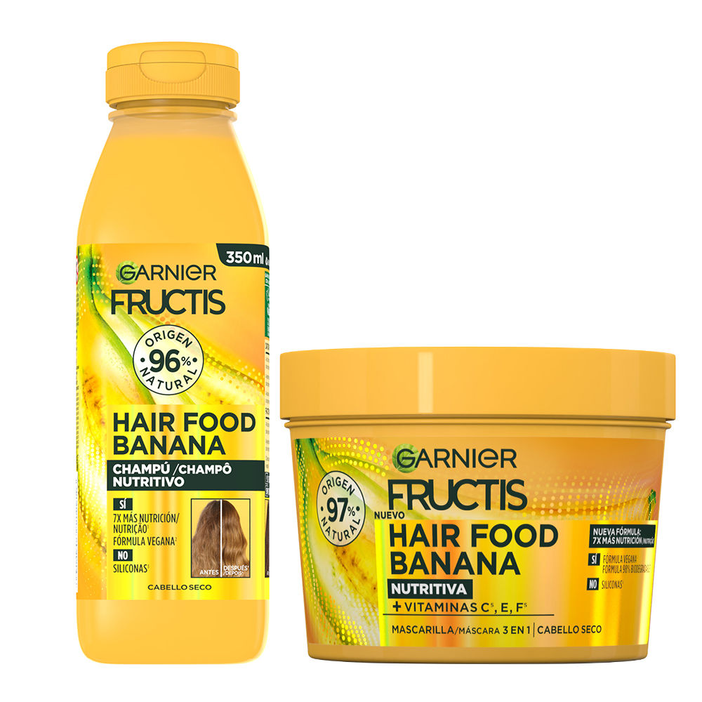 GARNIER Fructis Hair Food Banana Sets Champu, Acondicionador o Mascarilla 3 en 1 Nutritiva para Cabello Seco.
