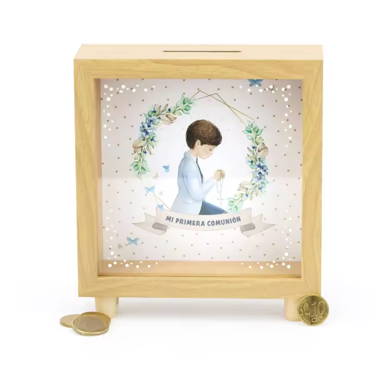 Hucha de madera, madera marron, cristal, Comunión niño niña, Dibujo de flores, Recuerdos de comunión, huchas de regalo, Regalos originales, Detalles para invitados comunión,  Regalantes.com - 1