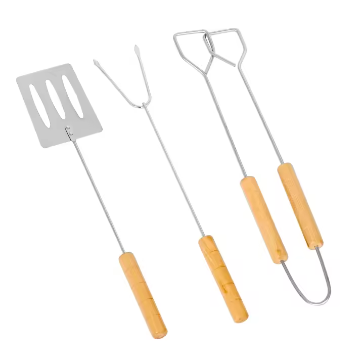 Kit de Herramientas para Barbacoa de Acero Inoxidable - Espátula, Pinzas, Tenedor - Mango de Madera - Ideal para Exteriores, Fiestas, Picnics y Campamentos - 1