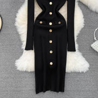 Vestido Midi De Punto REALEFT Para Mujer Con Cuello En V Manga Larga Y Falda Frontal Solta Estilo Casual Color Sólido Otoño Invierno - details 33