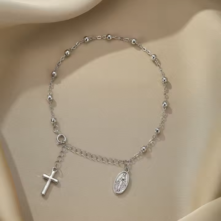 Pulsera De Moda Cristiana Con Cruz Y Cuentas Ajustable Para Mujer Cadena De Mano Joyería Elegante En Aleación De Zinc - 1