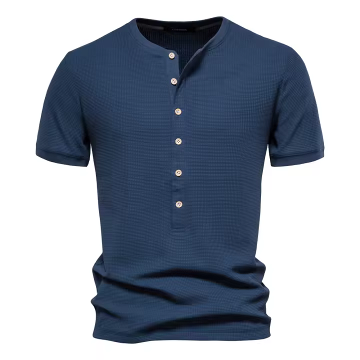 Camiseta de manga corta de punto con cuello Henry, camiseta informal de cuello redondo de color sólido para hombre, camiseta de gofre de talla europea - 1