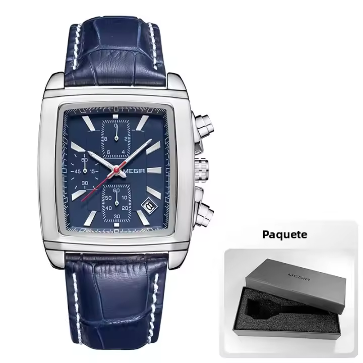 Reloj De Cuarzo Para Hombre Megir Con Correa De Cuero Y Dial Rectangular Cronógrafo Azul Estilo Casual Resistentes Al Agua - 1