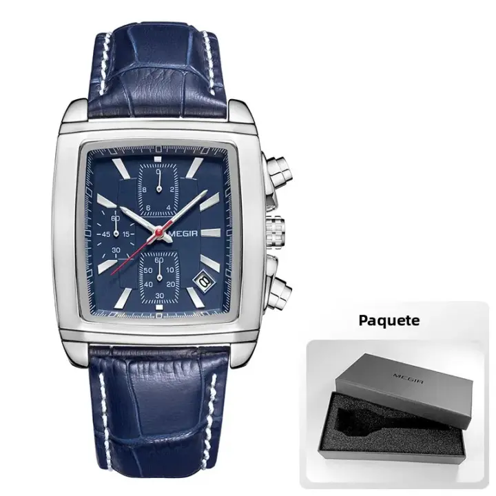 Reloj De Cuarzo Para Hombre Megir Con Correa De Cuero Y Dial Rectangular Cronógrafo Azul Estilo Casual Resistentes Al Agua - 1