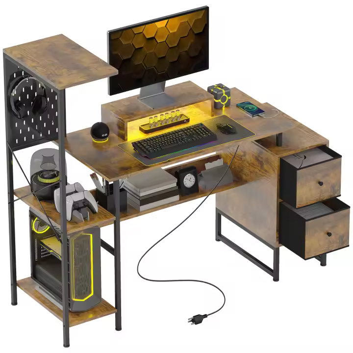 HOMCOM Escritorio Industrial Mesa Escritorio con Luces LED Estación de Carga Soporte para Monitor Control Remoto y Tablero Perforado para Oficina Estudio 142x50x126,5 cm Marrón Rústico - 1