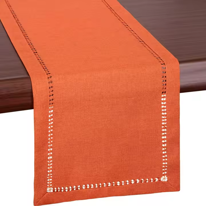 Camino de mesa o bufanda de tocador de Acción de Gracias de color naranja con dobladillo hecho a mano, decoraciones de otoño (32 x 183 cm) - 1