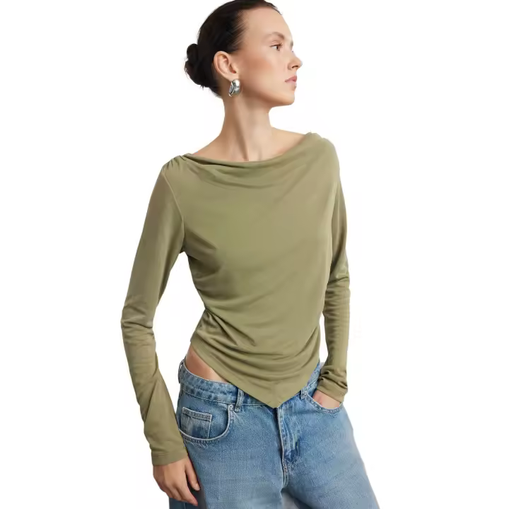 Trendyol Anthracite Modal Fabric Lace Collar Draped Padded Asymmetrical Knitted Blouse Twoaw25Bz00031 - 1