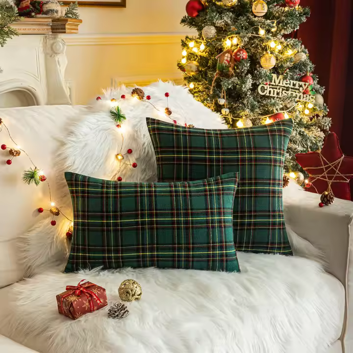  Fundas Para Cojines Navideñas De Cuadros Rojos Y Verdes 2 Piezas Para Decoración De Granja 30x50cm 45x45cm 50x50cm Polyester Lavable - 1